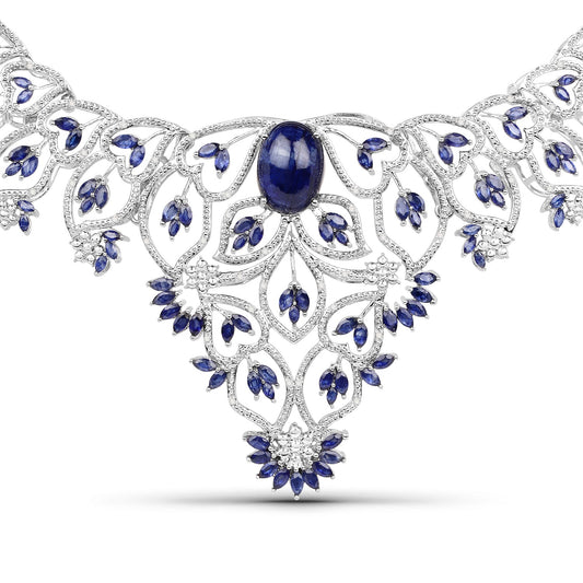 Collar de plata de ley .925 con zafiro natural con relleno de vidrio de 40.93 quilates y diamantes blancos