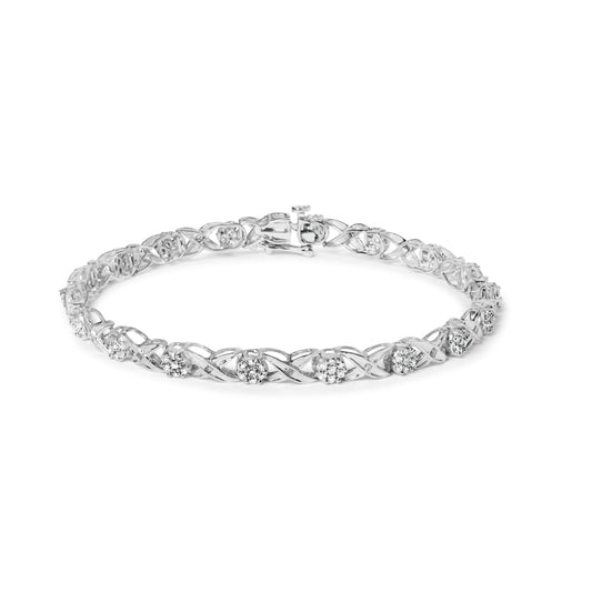 Pulsera de oro blanco de 10K con racimo floral de diamantes de 1,00 Cttw y eslabones en X de 7,25" (Color I-J, Claridad I1-I2)
