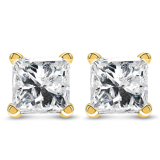 Pendientes de solitario con diamantes de corte princesa de 3/8 Cttw certificados por IGI, montura de 4 puntas, en oro amarillo de 14K (color K-L, claridad I1-I2)