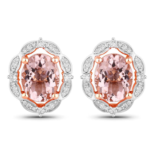 Pendientes de oro rosa de 14 quilates con morganita genuina de 3,52 quilates y diamantes blancos