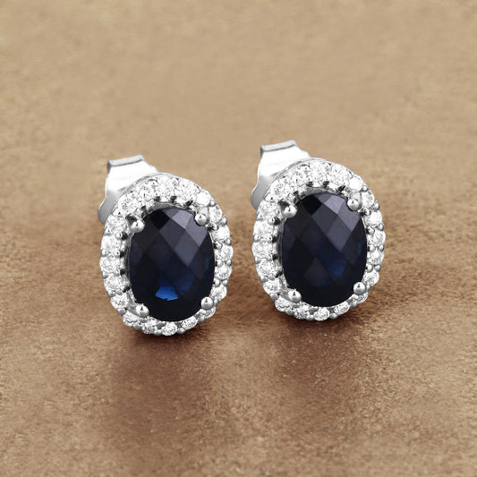 Pendientes de oro blanco de 14 quilates con zafiro azul auténtico de 2,16 quilates y diamantes blancos