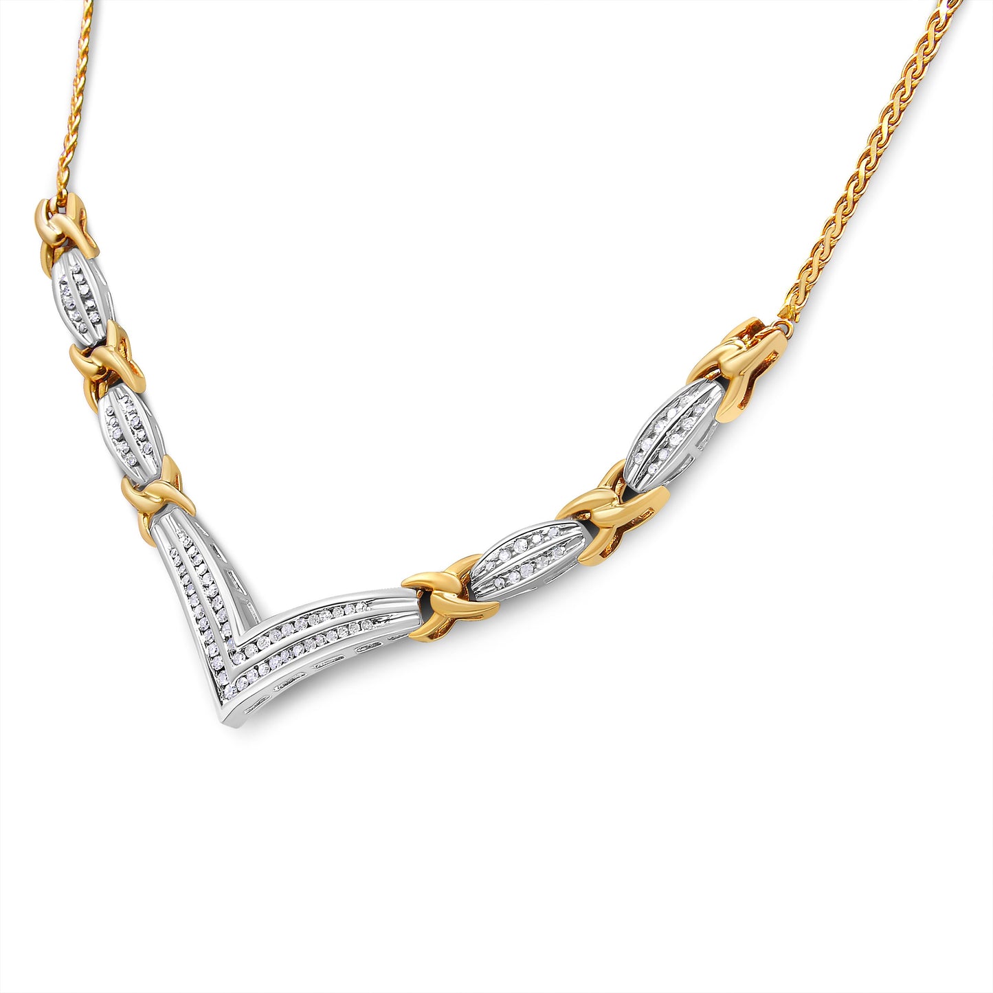 Collar llamativo en forma de "V" de oro amarillo y blanco de 10K con diamantes redondos y de talla princesa de 1.0 Cttw (color I-J, claridad I1-I2)