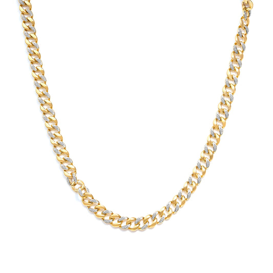 Collar de eslabones cubanos de plata de ley .925 chapado en oro amarillo de 14K con diamantes de 1,0 quilates (color I-J, claridad I3) - 18 pulgadas