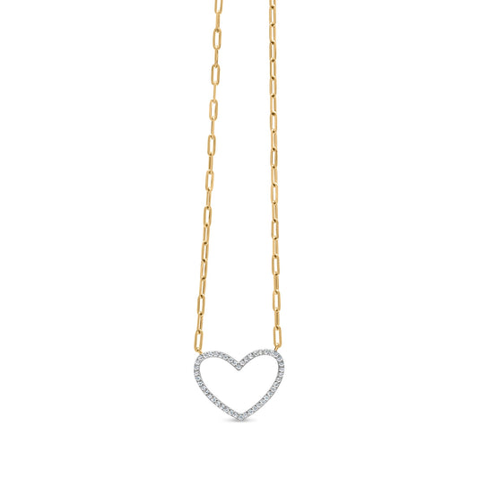 Collar con colgante de corazón abierto de plata de ley 925 chapado en oro amarillo de 14 quilates con diamantes de 1/4 Cttw y cadena de eslabones tipo clip (color I-J, claridad I2-I3) - 45.72 cm