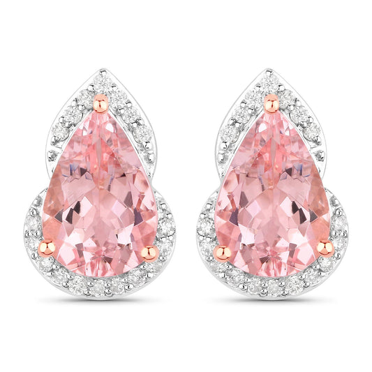 Pendientes de oro rosa de 14 quilates con morganita auténtica de 2,37 quilates y diamantes blancos