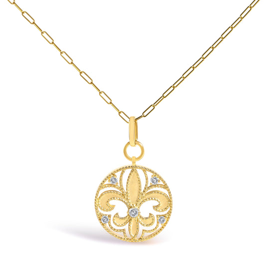 14K Yellow Gold 1/4 Cttw Round Diamond Openwork Fleur de Lis Medallion Pendant Necklace