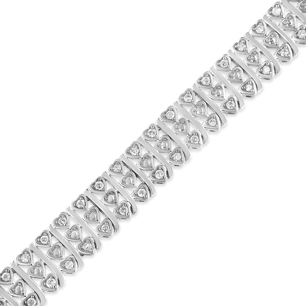 Brazalete de eslabones de corazón de múltiples filas con diamantes de plata esterlina .925 de 1,00 Cttw (color H-I, claridad I1-I2) - 7,25" pulgadas