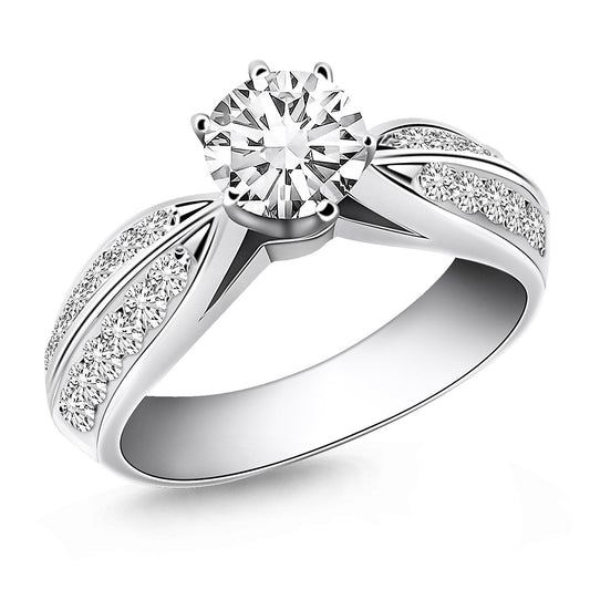 Anillo de compromiso de oro blanco de 14 quilates con diamantes pavé de doble fila tipo catedral