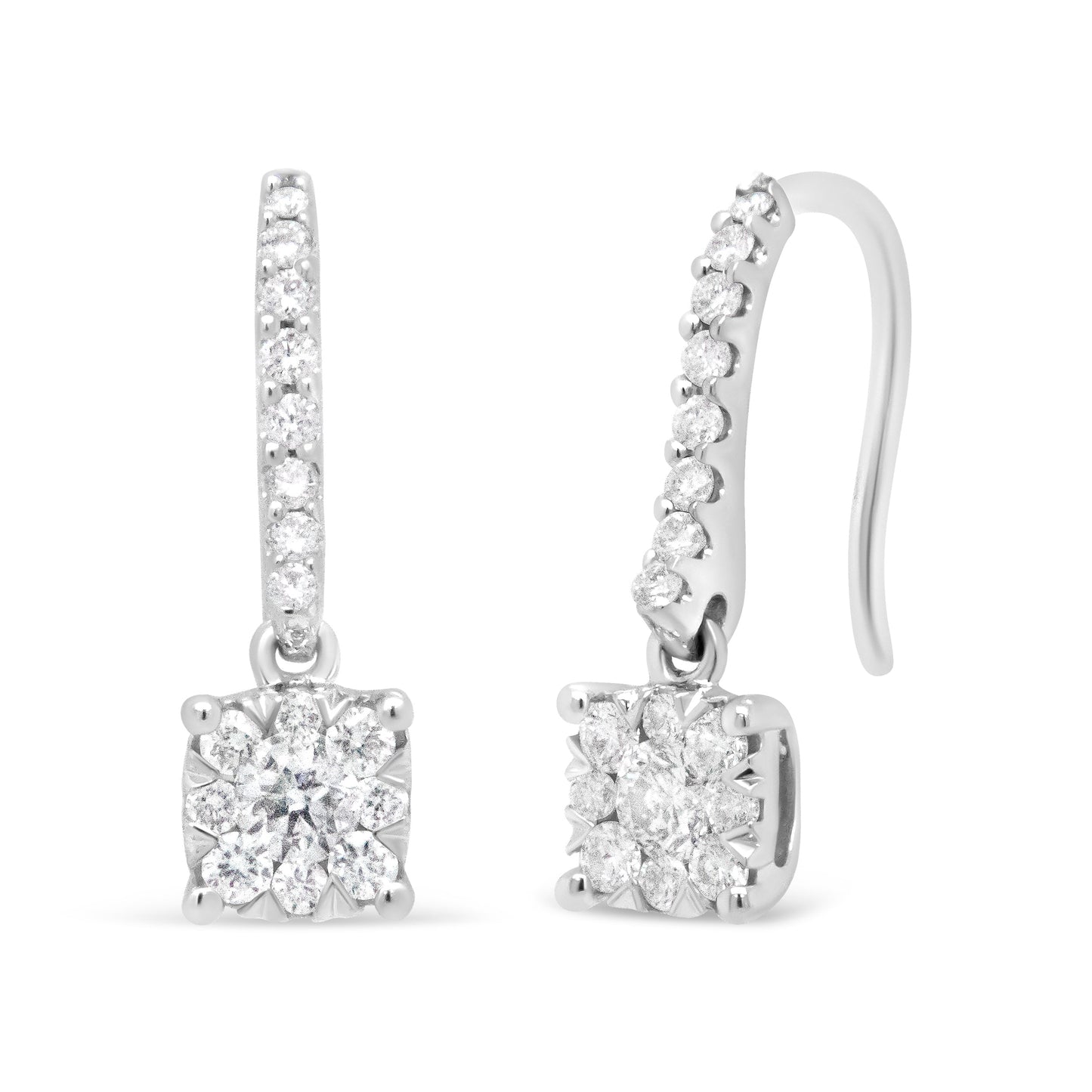 Pendientes colgantes tipo anzuelo de halo con diamante redondo de 1/2 quilate, oro blanco de 14K (color H-I, claridad SI2-I1)