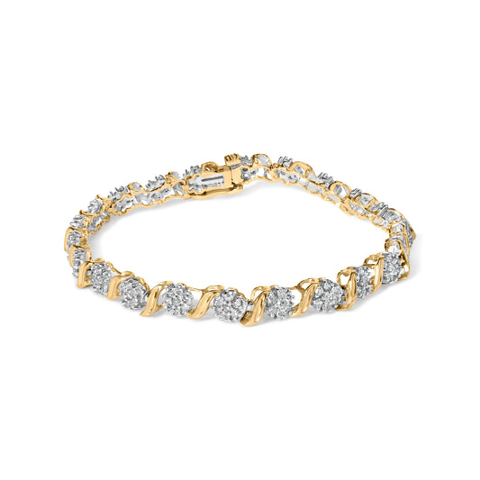 Pulsera tipo clúster "S" de oro amarillo de 10K con diamantes de talla redonda de 2,00 Cttw (color J-K, claridad I1-I2)