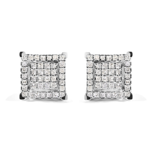 Pendientes de doble cuadrado y halo de diamante princesa compuesto de oro blanco de 10K con un peso total de 1 1/4 quilates (Color I-J, Claridad I1-I2)