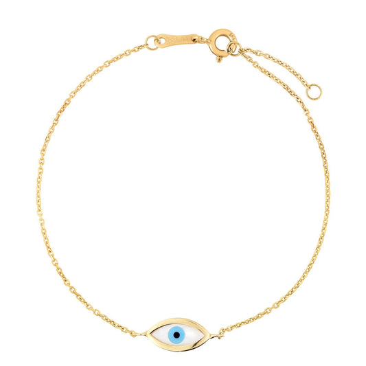 Pulsera de ojo turco de nácar de oro amarillo de 14k (1.00 mm)