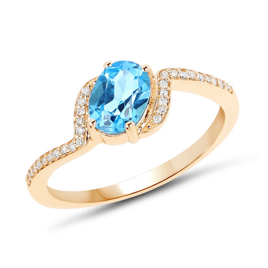 Anillo de oro amarillo de 14 quilates con topacio azul suizo auténtico de 1,04 quilates y diamante blanco