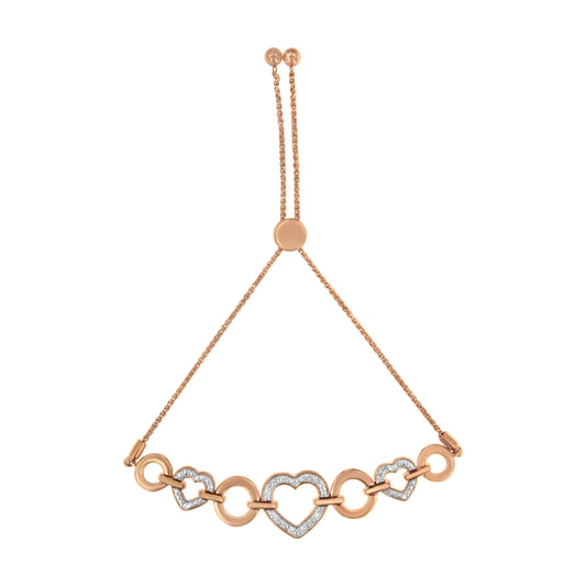 Pulsera ajustable tipo bolo de 15 a 25 cm con eslabones de círculo y corazón con acentos de diamante en plata de ley .925 bañada en oro rosa de 14 quilates