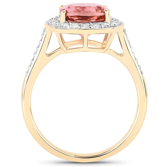 Anillo de oro amarillo de 14 quilates con turmalina rosa real genuina de 2,71 quilates y diamante blanco