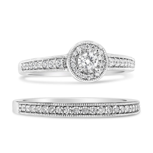 Anillo de compromiso de plata de ley .925 de 1/2 quilate con halo de diamantes y filigrana (color I-J, claridad I3) - Talla 7