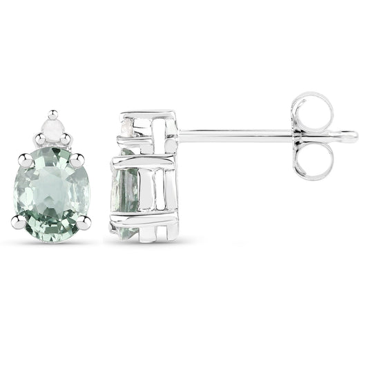 0.64 Carat Genuine Green Sapphire and White Diamond .925 Sterling Silver Earrings - view 2