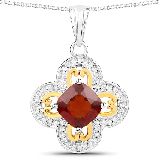 Colgante de oro amarillo de 18 quilates con granate hessonita genuino de 1,63 quilates y diamantes blancos con plata de ley .925
