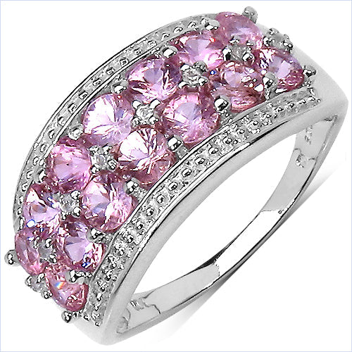Anillo de plata de ley .925 con zafiro rosa genuino de 2,00 quilates y topacio blanco