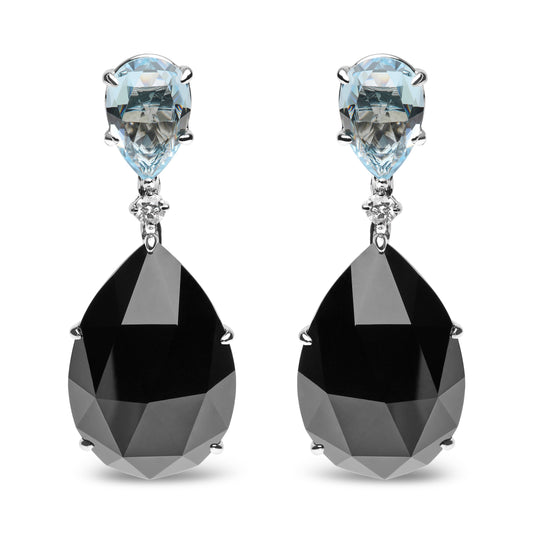 Pendientes colgantes de oro blanco de 18 quilates con diamante de 1/5 Cttw, topacio azul cielo talla pera y ónix negro talla pera (color G-H, claridad SI1-SI2)