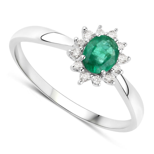 Anillo de oro blanco de 14K con esmeralda zambiana auténtica de 0,40 quilates y diamantes blancos