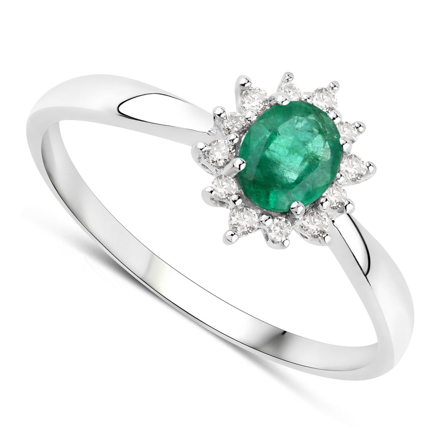 Anillo de oro blanco de 14K con esmeralda zambiana auténtica de 0,40 quilates y diamantes blancos