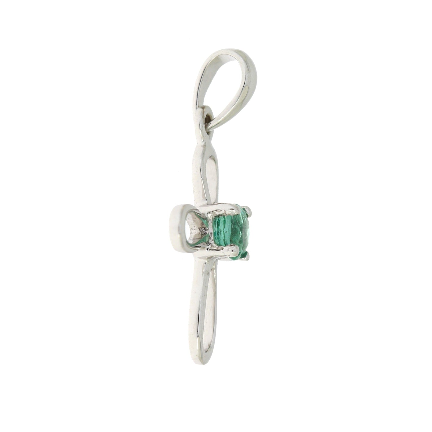Colgante religioso de cruz con esmeralda de .19ct en oro blanco de 10KT