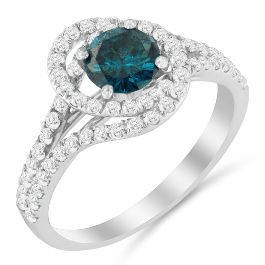 Anillo de cóctel de oro blanco de 14 quilates con doble halo entrelazado de diamantes blancos y azules de 1-1/3 Cttw (color G-H y azul fantasía, claridad SI2-I1) - Talla 6