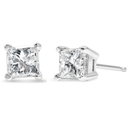 Pendientes de tuerca de oro blanco de 14k con certificación AGS, 1,0 Cttw, con diamante solitario talla princesa de 4 puntas y cierre a presión para mujer (color E-F, claridad I1-I2)