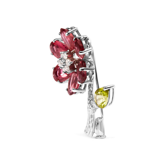 Broche de tulipán de oro blanco de 18K con diamantes de 1/3 Cttw, turmalina rosa y peridoto verde (color H-I, VS2-SI1)