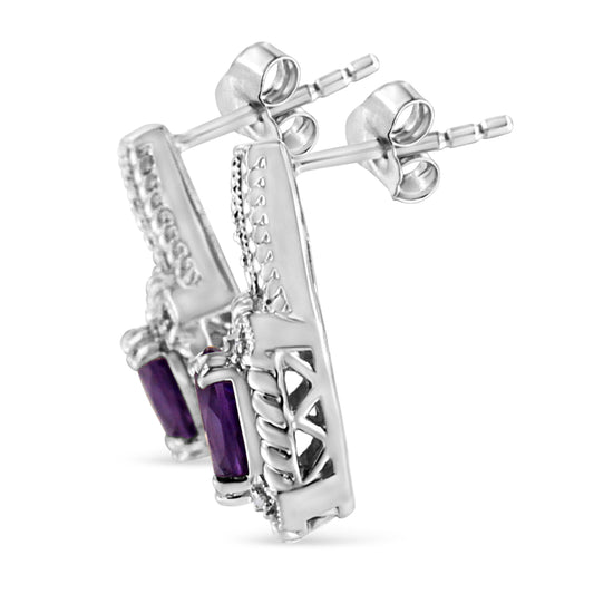 Pendientes colgantes estilo Art Déco de plata de ley .925 con amatista morada natural ovalada de 8x6 mm y acento de diamante (color I-J, claridad I1-I2)