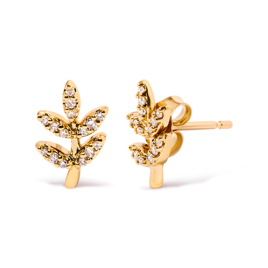 Pendientes de botón de hoja y rama acentuados con diamantes de oro amarillo de 10 qt y 1/10 ct (color H-I, claridad I1-I2)