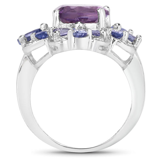 4.88 Carat Genuine Amethyst and Tanzanite .925 Sterling Silver Ring