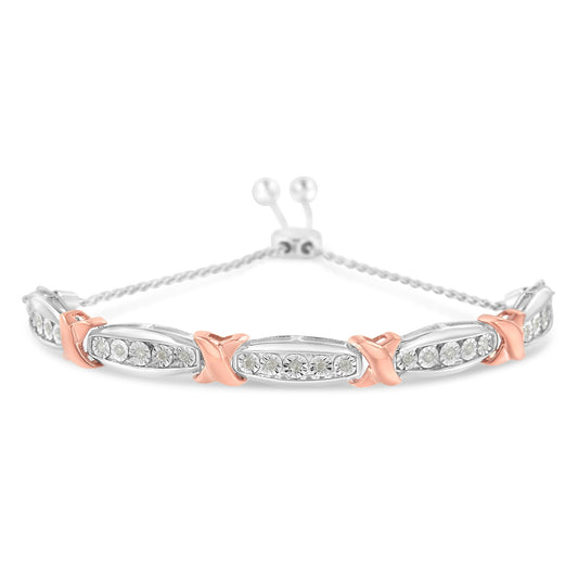 Brazalete bolo de plata esterlina .925 con diamantes de talla redonda de 1/4 Cttw en forma de X y barra cónica con engaste milagroso (color I-J, claridad I3) - Bicolor oro rosa y plata