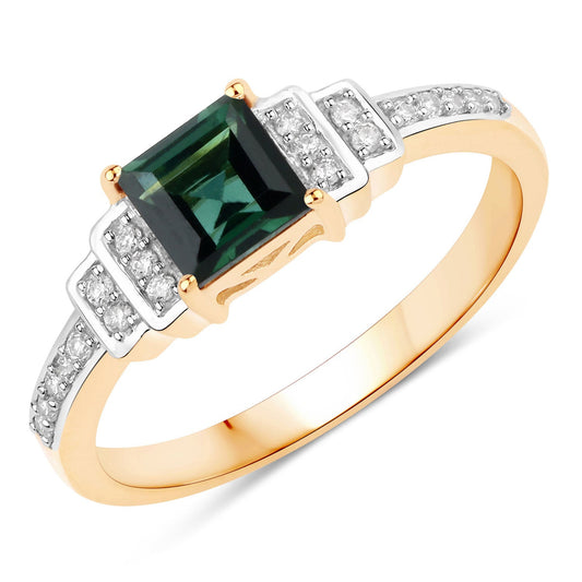 Anillo de oro amarillo de 14K con turmalina verde genuina de 0.72 quilates y diamantes blancos