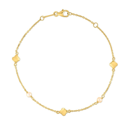 Pulsera de trébol con perlas en oro amarillo de 14k