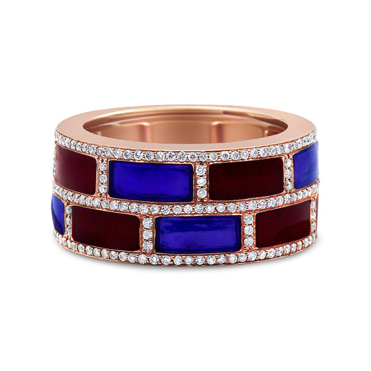 Anillo de banda de oro rosa de 18 quilates con esmalte rojo y azul alterno y diamantes de 1/2 quilate (color F-G, claridad VS1-VS2) - Talla 7