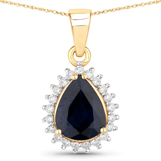 Colgante de oro amarillo de 14 quilates con zafiro azul genuino de 2,09 quilates y diamantes blancos