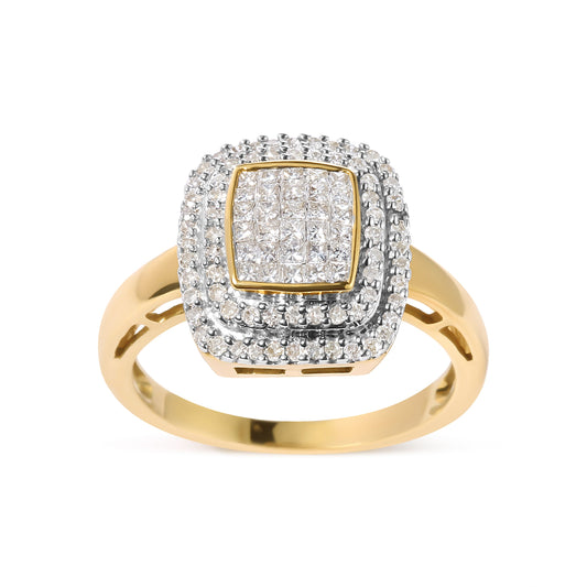 Anillo en oro amarillo de 10 qt con cabeza compuesta de diamantes redondos y talla princesa de 1/2 quilate en total y halo (color H-I, claridad SI1-SI2) - Talla 7