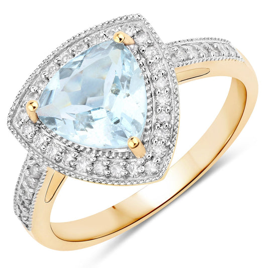 Anillo de oro amarillo de 14 quilates con aguamarina auténtica de 1,58 quilates y diamantes blancos