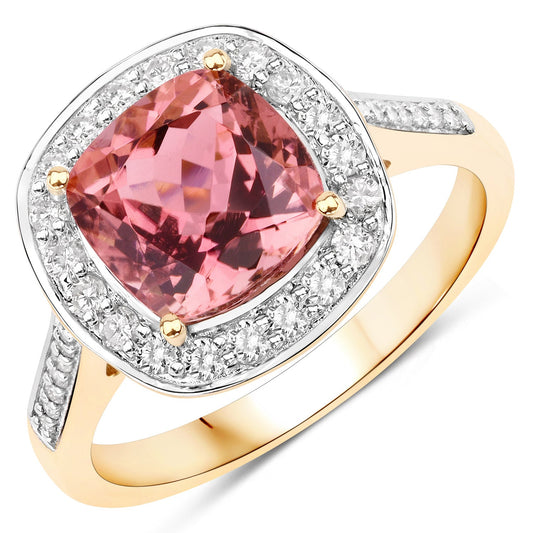 Anillo de oro amarillo de 14 quilates con turmalina rosa real genuina de 2,71 quilates y diamante blanco
