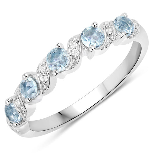 Anillo de plata de ley .925 con aguamarina auténtica y topacio blanco de 0,54 quilates