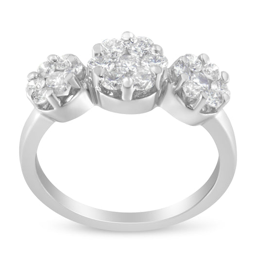 Anillo de compromiso o de moda de oro blanco de 14 quilates con tres racimos florales redondos de diamantes de talla brillante de 1-1/4 quilates (color H-I, claridad SI2-I1) - Talla 6