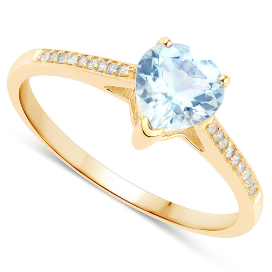 Anillo de oro amarillo de 14 quilates con aguamarina genuina de 0,65 quilates y diamantes blancos