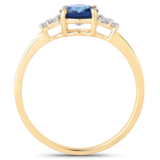Anillo de oro amarillo de 14 quilates con zafiro azul genuino de 1,08 quilates y diamantes blancos