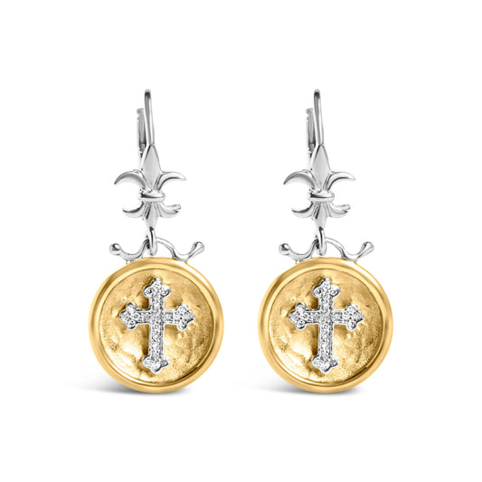 Pendientes colgantes y de gota de medallón con acabado martillado de diamantes de 1/8 Cttw de plata esterlina .925 bañados en oro amarillo de 18K (color I-J, claridad SI1-SI2)