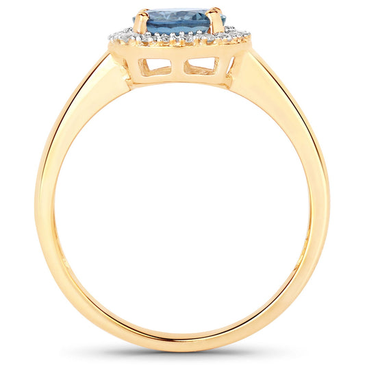 Anillo de oro amarillo de 14 quilates con zafiro azul auténtico de 1,03 quilates y diamante blanco