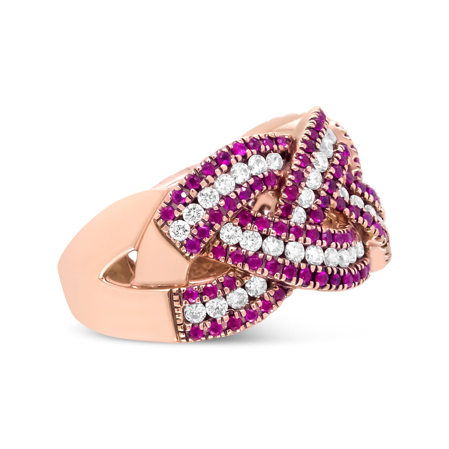 Anillo de banda trenzada de oro rosa de 18 quilates con rubí rojo y diamantes de 7/8 quilates (color F-G, claridad VS1-VS2) - Talla de anillo 7