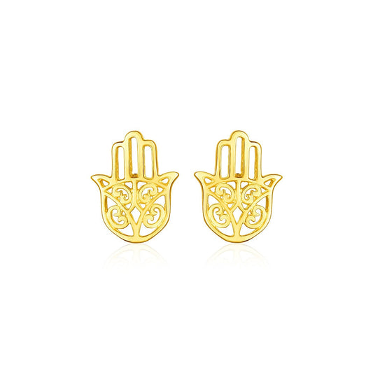 Pendientes de oro amarillo de 14k con poste y mano de Hamsa pulida