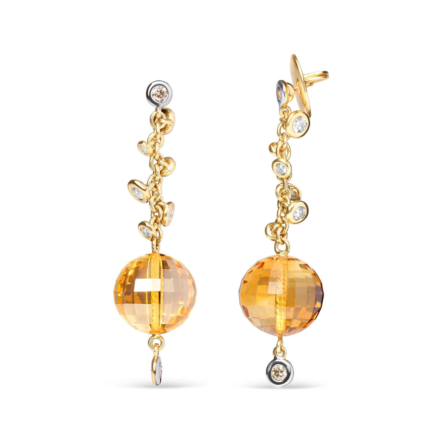 Pendientes colgantes de oro amarillo de 18 quilates con diamante redondo de 0,66 quilates engastado en bisel y citrino amarillo en forma de esfera de 25 mm (color marrón y G-H, claridad SI1-SI2)